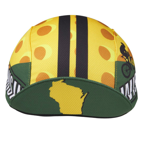 Wisconsin Technical 3-Panel Cycling Cap. Green and yellow cap with cheese print.  Black stripes on top and WISCONSIN text on side. Wisconsin state outline under brim.  Brim up front view.