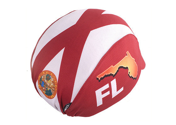 Florida Technical 3-Panel Cycling Cap. Red and white cap, with Florida state icon and FL text. Florida state seal on back.  Overhead back view.