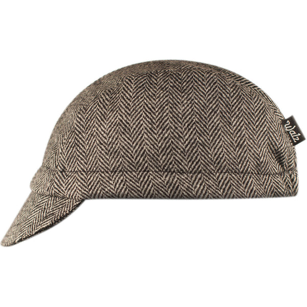 The "Cardinal" Wool 3-Panel Herringbone Cap. Brown herringbone with red stripe.  Side view.