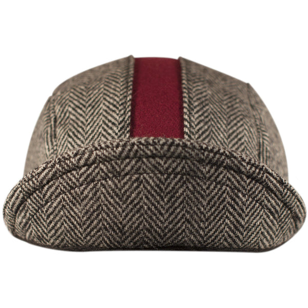 The "Cardinal" Wool 3-Panel Herringbone Cap. Brown herringbone with red stripe.  Brim up front view.