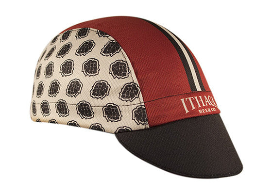 Ithaca Beer Co. Technical 3-Panel Cycling Cap.  Red, white and black cap with hops imagery on side.  Angled view.