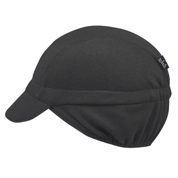 Black/Red Stripe Merino Wool Ear Flap Cap. Side view.
