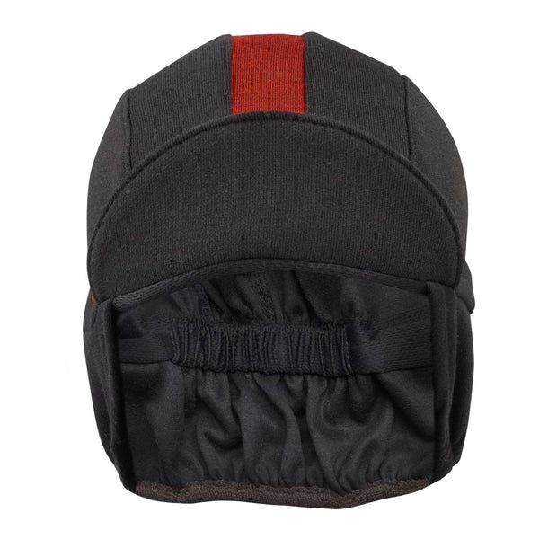 Black/Red Stripe Merino Wool Ear Flap Cap. Bill up front view.