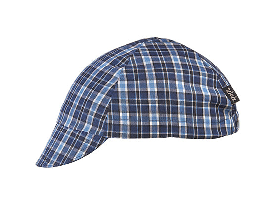 Blue/Black 4-Panel Plaid Cotton Cap.  Blue plaid. Side view.