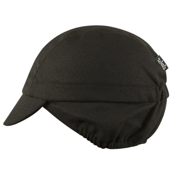 Black/Grey Wool Flannel Ear Flap Cap 3-Panel.  Gray contrasting stripe.  Side view.